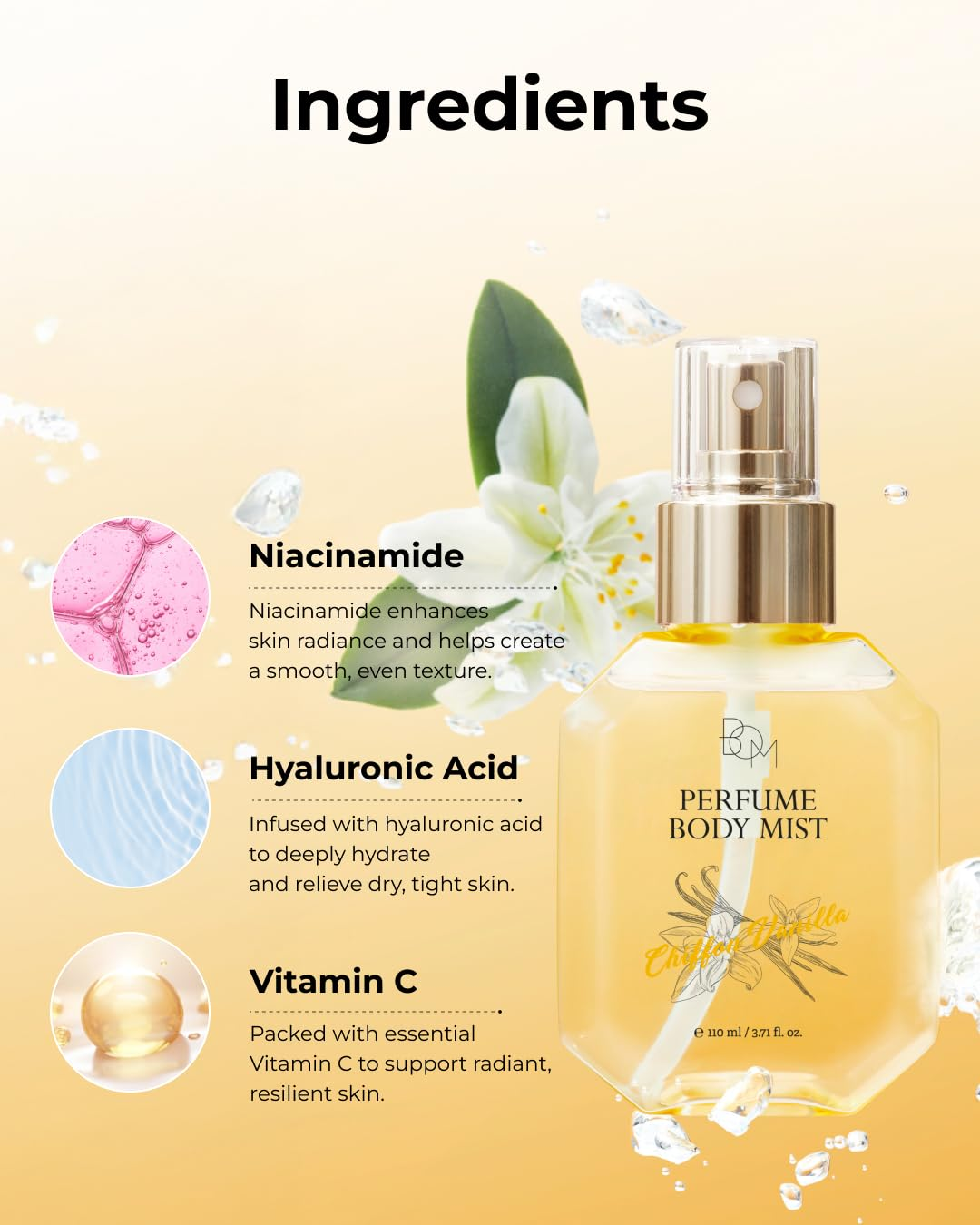 BOM Chiffon Vanilla Perfume Body Mist 3.71 Fl Oz, Vanilla Scented Fine Mist with Hyaluronic Acid, Niacinamide & Vitamin C, Hydrating, Lightweight Spray with Long-Lasting Fragrance, Korean Skincare