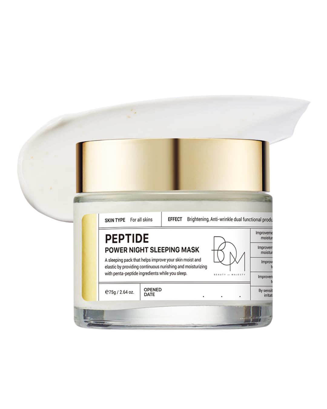 BOM COSMETICS Peptide Power Night Sleeping Mask 2.64 Fl Oz, High-Density Hydrating Overnight Facial Mask with Penta-Peptides and 99% Pure Gold for Skin Elasticity, Smooth Skin Texture, Korean Skincare