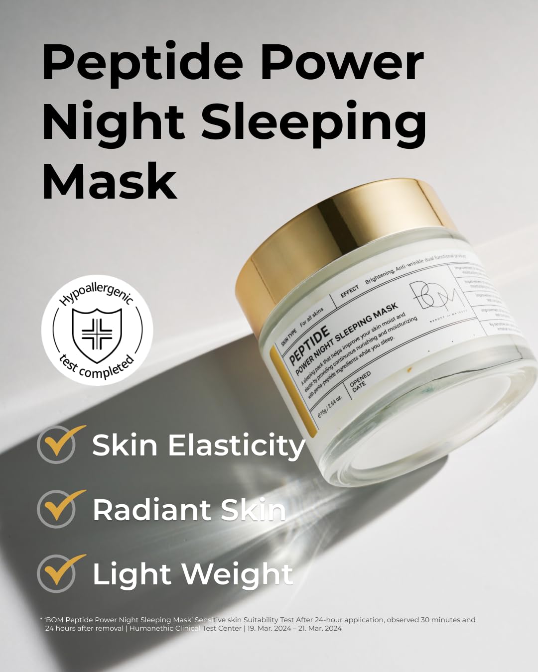 BOM COSMETICS Peptide Power Night Sleeping Mask 2.64 Fl Oz, High-Density Hydrating Overnight Facial Mask with Penta-Peptides and 99% Pure Gold for Skin Elasticity, Smooth Skin Texture, Korean Skincare