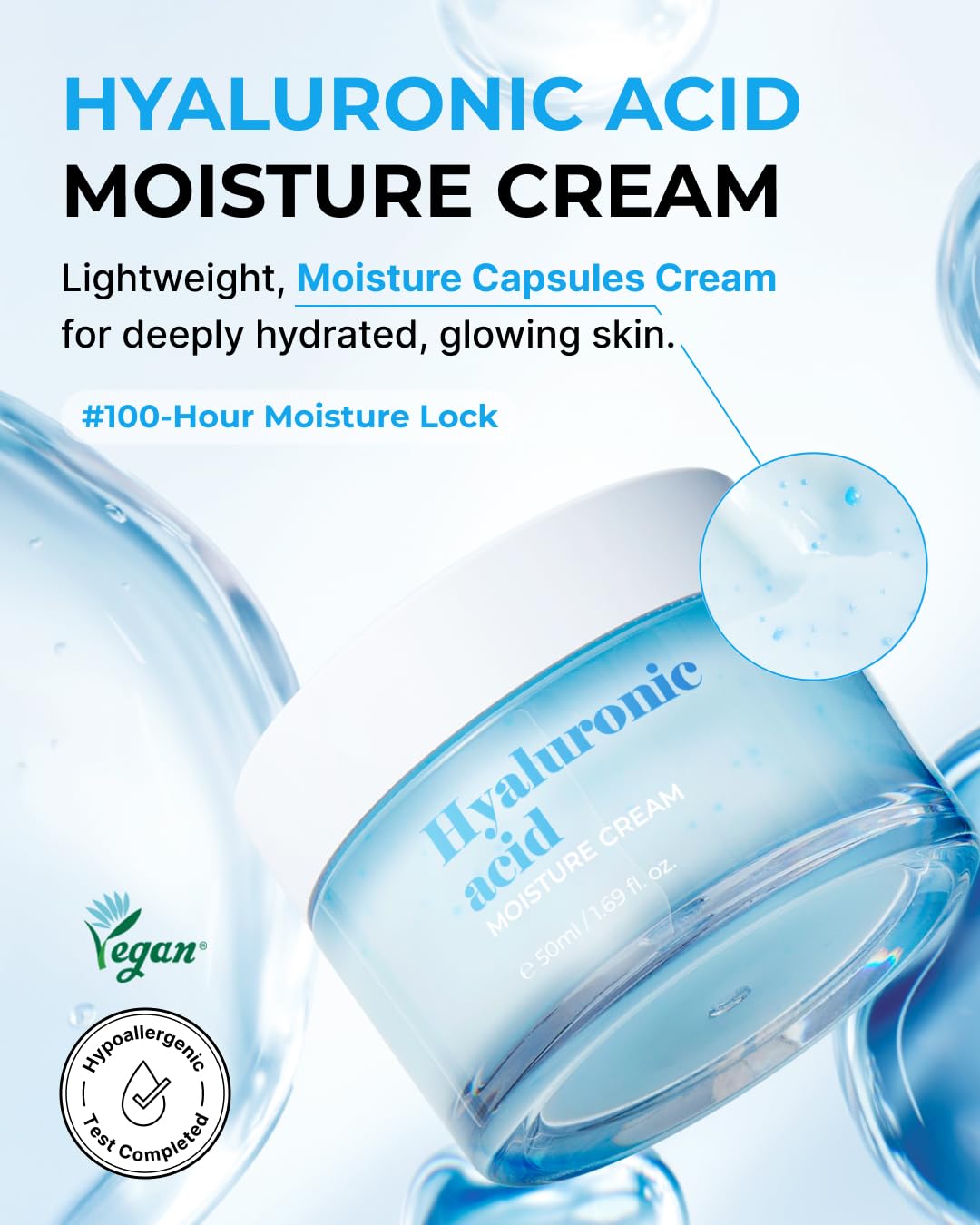 BOM Hyaluronic Acid Moisture Cream 1.69 fl oz, Moisturizing Face Cream with Low Molecular Moisturizer Capsules and Vitamins, 100 Hour Hydration, Moisture Lock, Hypoallergenic Vegan Korean Skincare