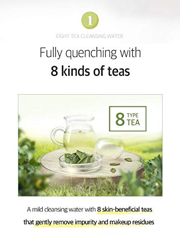 BOM COSMETICS Eight Tea Aqua Cleansing Water Makeup Remove Cleansing Water with Tea Extract Soothing Moisturizing Finish for Dry and Sensitive Skin 500mL / 16.9 fl.oz