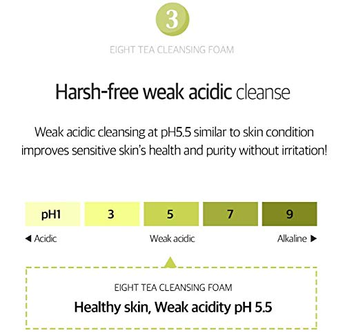 BOM Eight Tea Cleansing Foam Mild Low pH Face Cleanser with 8 Kinds of Tea Extract, Daily Face Wash for Dry skin, 150ml / 5.07 fl.oz