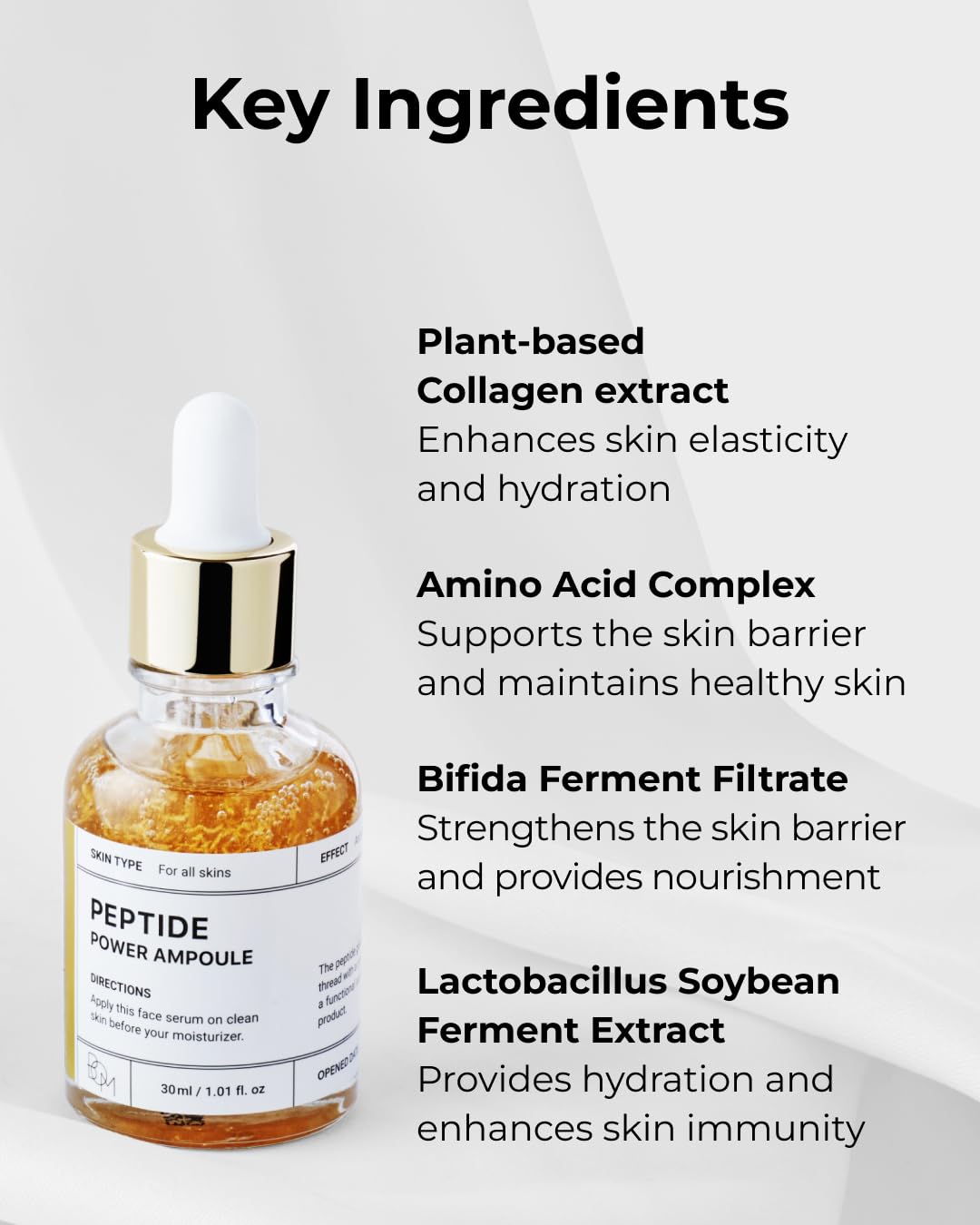 BOM Korean Skincare,Peptide Power Ampoule, anti-aging and finelines,dark spot fading,reduce dullness, Firming Serum to Improve Elasticity and Radiance,1.01 Fl Oz, Penta-Peptide with 24k Gold Thread and 99% Pure Gold to Boost Collagen