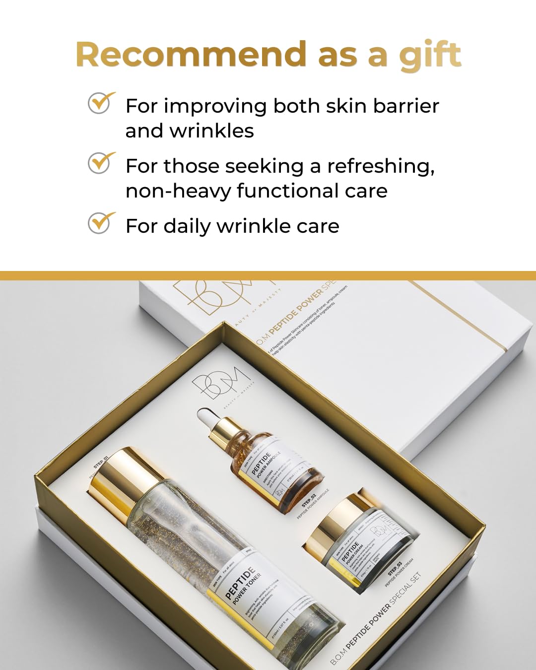 BOM Cosmetics A Set of Peptide Power Skincare with 3 Kinds of Items (Toner, Ampoule, Cream), 24K Gold & Pentapeptide for Skin Collagen Boost, Smoothness and Long-Lasting Moisture, Korean Skincare