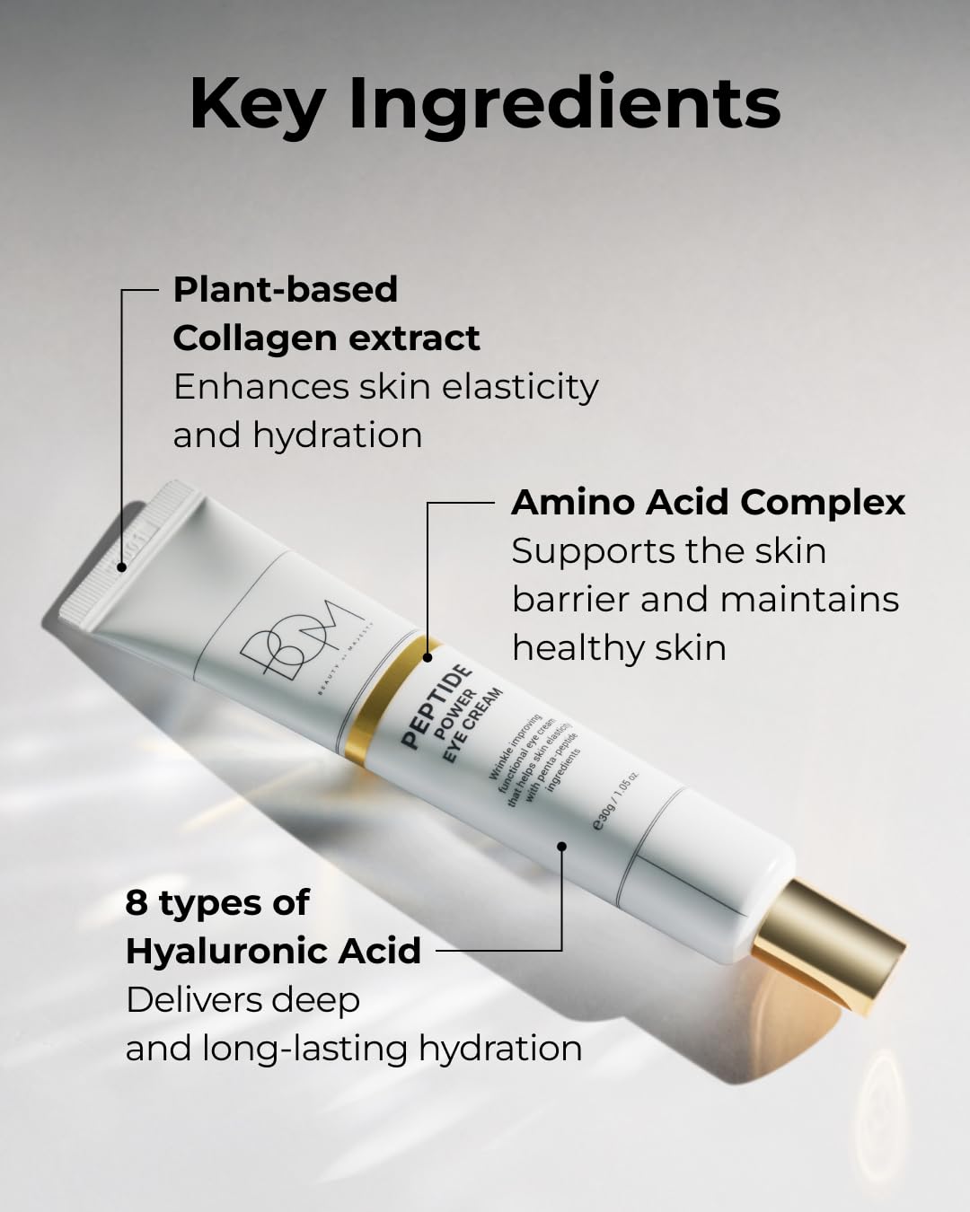 BOM COSMETICS Peptide Power Eye Cream 1.05 Fl Oz, Penta-Peptide and 99% Pure Gold Lightweight Eye Cream for Skin Collagen Boost to Reduces Fine Lines, Wrinkles, Enhances Elasticity, Korean Skin Care