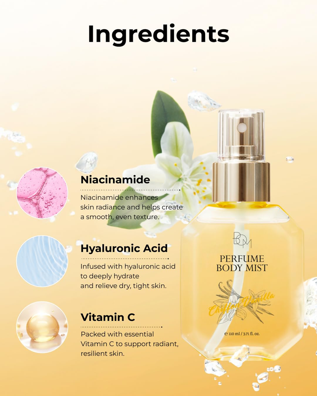 BOM Chiffon Vanilla Perfume Body Mist 3.71 Fl Oz, Vanilla Scented Fine Mist with Hyaluronic Acid, Niacinamide & Vitamin C, Hydrating, Lightweight Spray with Long-Lasting Fragrance, Korean Skincare