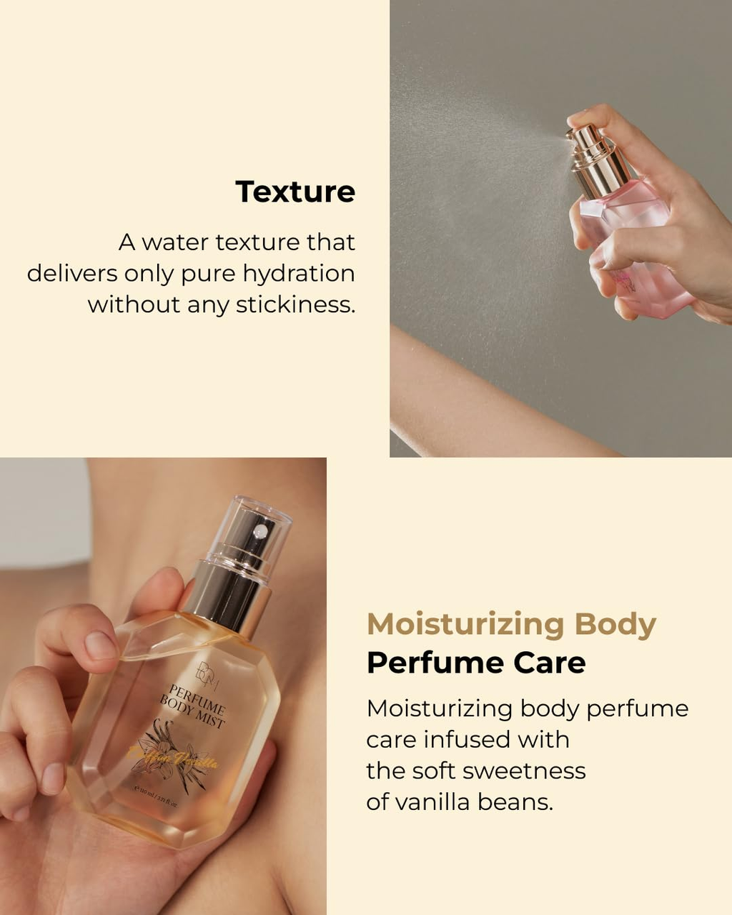 BOM Chiffon Vanilla Perfume Body Mist 3.71 Fl Oz, Vanilla Scented Fine Mist with Hyaluronic Acid, Niacinamide & Vitamin C, Hydrating, Lightweight Spray with Long-Lasting Fragrance, Korean Skincare