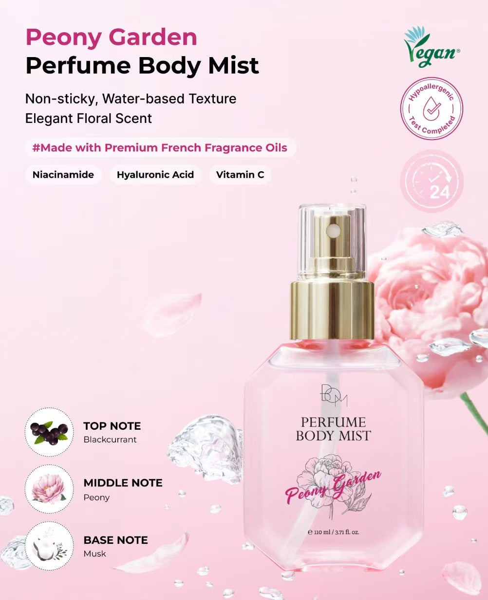 BOM Peony Garden Perfume Body Mist 3.71 Fl Oz, Floral Scented Fine Mist with Hyaluronic Acid, Niacinamide & Vitamin C, Hydrating, Lightweight Spray with Long-Lasting Fragrance, Korean Skincare