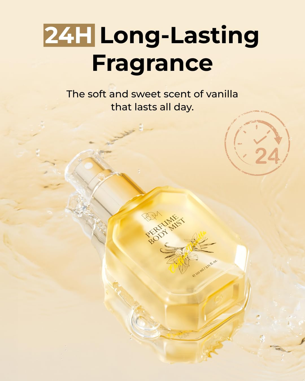 BOM Chiffon Vanilla Perfume Body Mist 3.71 Fl Oz, Vanilla Scented Fine Mist with Hyaluronic Acid, Niacinamide & Vitamin C, Hydrating, Lightweight Spray with Long-Lasting Fragrance, Korean Skincare