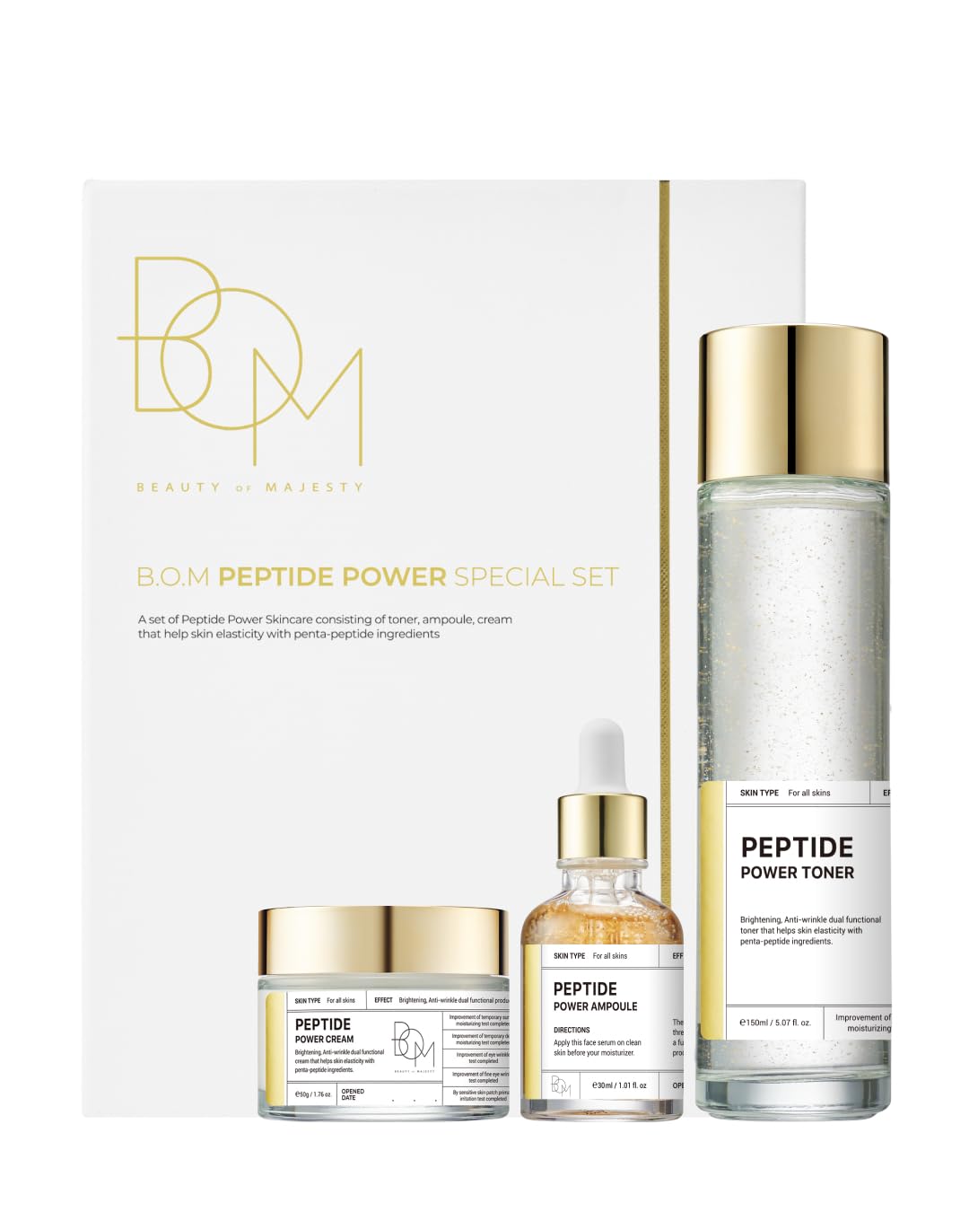 BOM Cosmetics A Set of Peptide Power Skincare with 3 Kinds of Items (Toner, Ampoule, Cream), 24K Gold & Pentapeptide for Skin Collagen Boost, Smoothness and Long-Lasting Moisture, Korean Skincare
