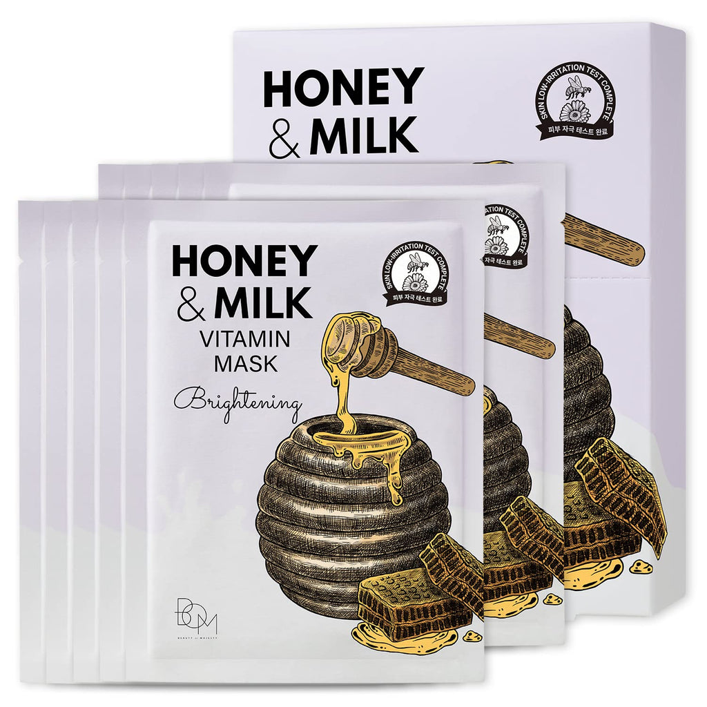 BOM  COSMETICS Honey & Milk Vitamin Mask 10ea 0.84 oz Deep Hydration, Sensitive Skin Friendly Hypoallergenic Sheet Mask With Honey & Milk Extract & 13 Vitamins, Korean Skincare Face Mask