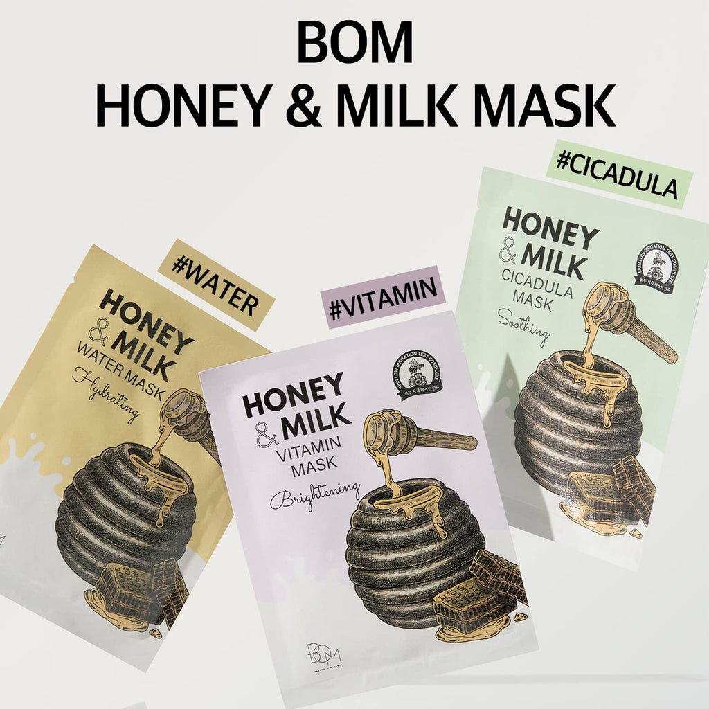 BOM  COSMETICS Honey & Milk Vitamin Mask 10ea 0.84 oz Deep Hydration, Sensitive Skin Friendly Hypoallergenic Sheet Mask With Honey & Milk Extract & 13 Vitamins, Korean Skincare Face Mask