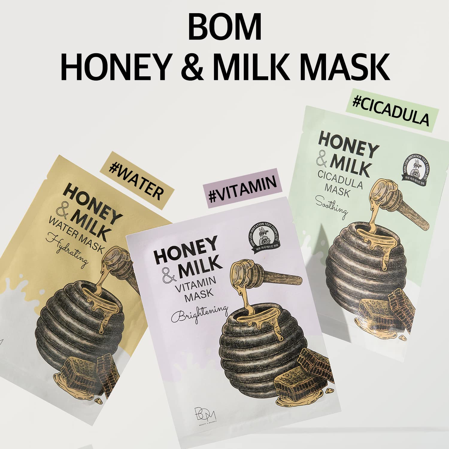 BOM  COSMETICS Honey & Milk Cicadula Mask 10ea 0.85 fl. oz Skincare Face Mask for Hydrating & Nourishing Skin, Honey and milk protein extract for Women and Men, Korean Skincare