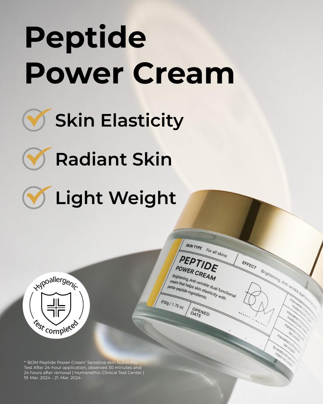 BOM COSMETICS Peptide Power Cream 1.76 Fl Oz, Daily Moisturizing Cream with Peptide and 99% Pure Gold for Hydration, Collagen Support to improve Skin Texture, Skin Barrier Care, Korean Skincare