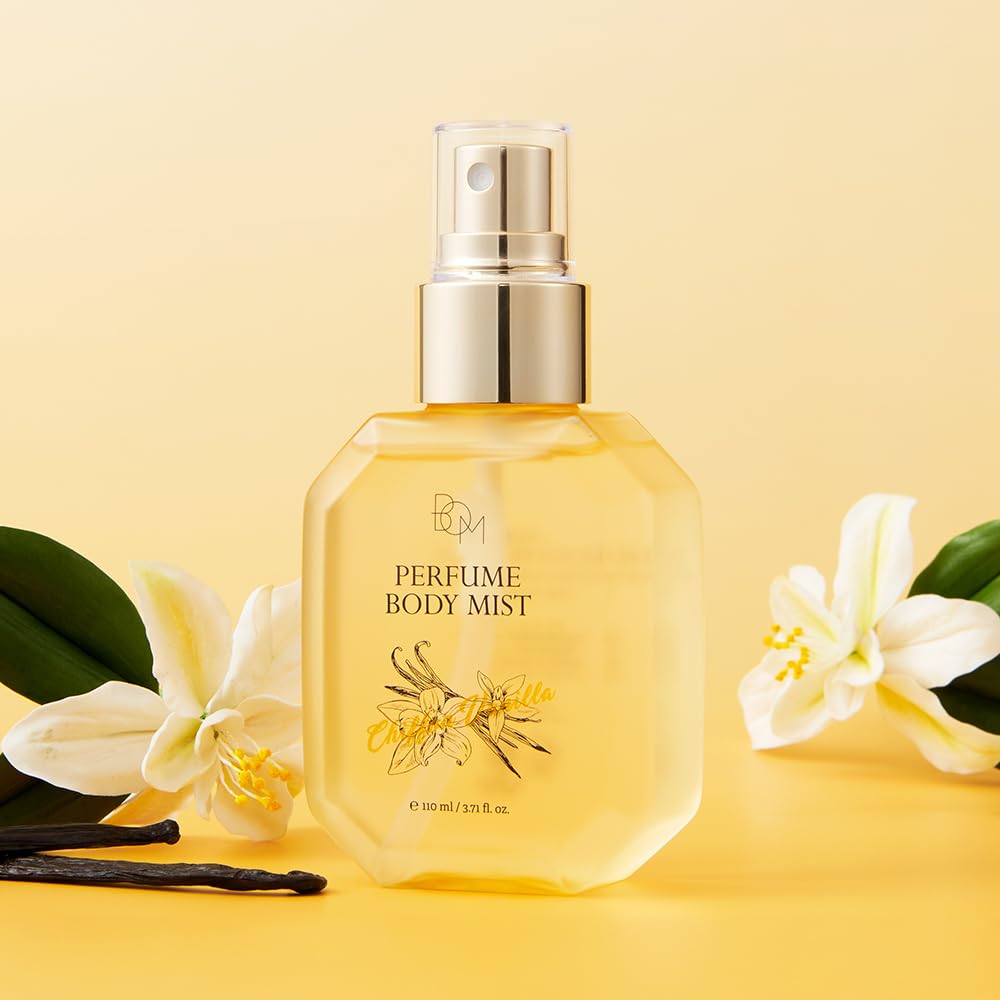 BOM Chiffon Vanilla Perfume Body Mist 3.71 Fl Oz, Vanilla Scented Fine Mist with Hyaluronic Acid, Niacinamide & Vitamin C, Hydrating, Lightweight Spray with Long-Lasting Fragrance, Korean Skincare