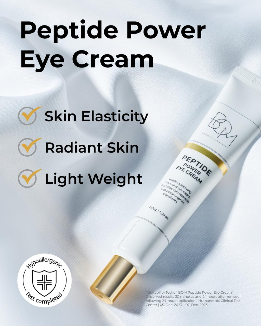 BOM COSMETICS Peptide Power Eye Cream 1.05 Fl Oz, Penta-Peptide and 99% Pure Gold Lightweight Eye Cream for Skin Collagen Boost to Reduces Fine Lines, Wrinkles, Enhances Elasticity, Korean Skin Care