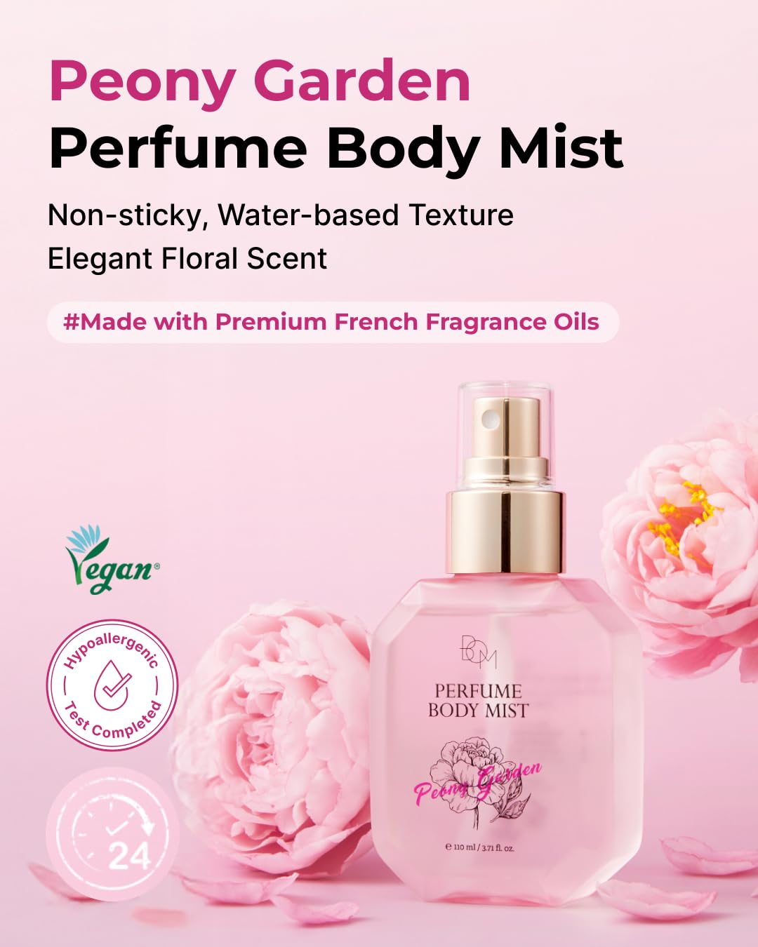 BOM Peony Garden Perfume Body Mist 3.71 Fl Oz, Floral Scented Fine Mist with Hyaluronic Acid, Niacinamide & Vitamin C, Hydrating, Lightweight Spray with Long-Lasting Fragrance, Korean Skincare