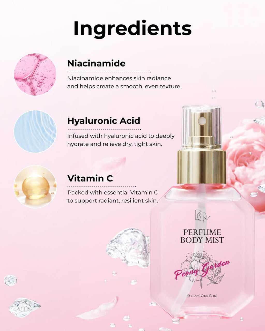 BOM Peony Garden Perfume Body Mist 3.71 Fl Oz, Floral Scented Fine Mist with Hyaluronic Acid, Niacinamide & Vitamin C, Hydrating, Lightweight Spray with Long-Lasting Fragrance, Korean Skincare