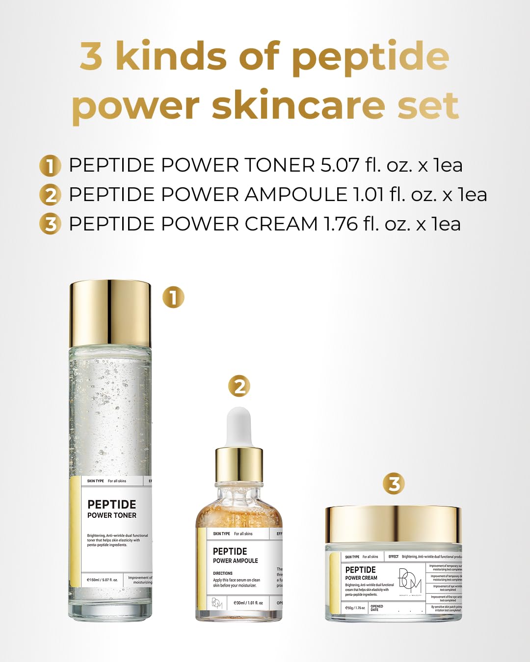 BOM Cosmetics A Set of Peptide Power Skincare with 3 Kinds of Items (Toner, Ampoule, Cream), 24K Gold & Pentapeptide for Skin Collagen Boost, Smoothness and Long-Lasting Moisture, Korean Skincare