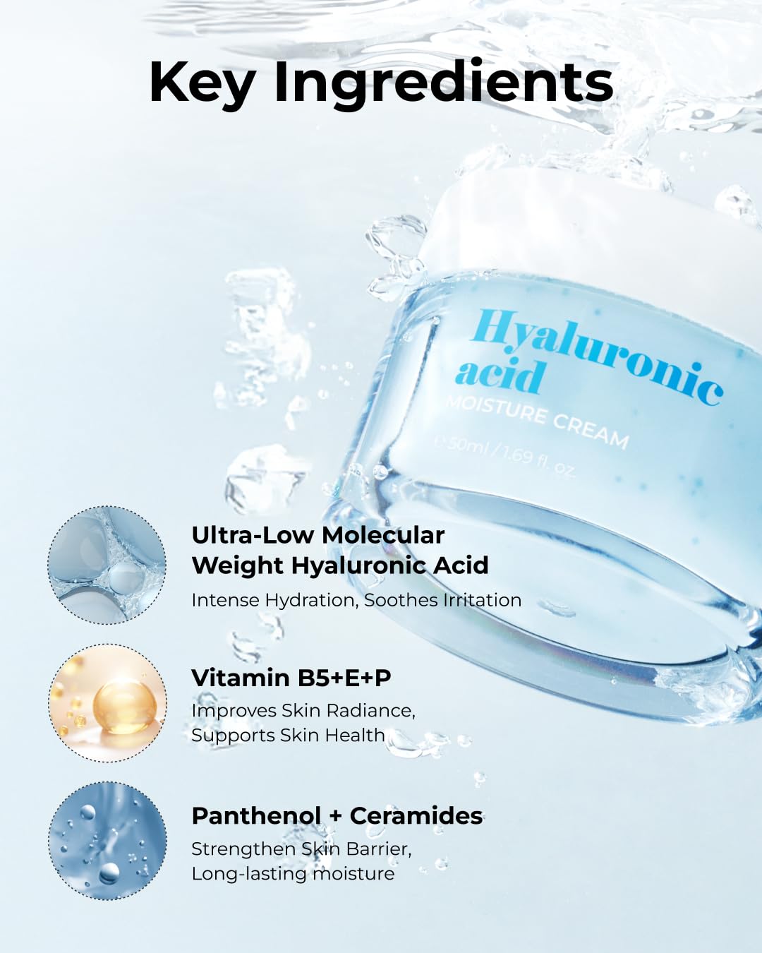 BOM Hyaluronic Acid Moisture Cream 1.69 fl oz, Moisturizing Face Cream with Low Molecular Moisturizer Capsules and Vitamins, 100 Hour Hydration, Moisture Lock, Hypoallergenic Vegan Korean Skincare