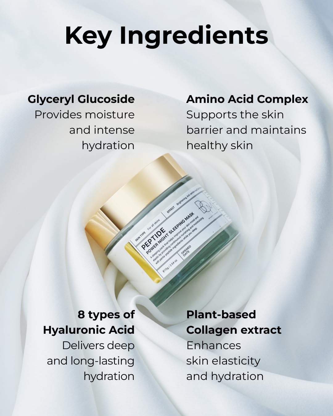 BOM COSMETICS Peptide Power Night Sleeping Mask 2.64 Fl Oz, High-Density Hydrating Overnight Facial Mask with Penta-Peptides and 99% Pure Gold for Skin Elasticity, Smooth Skin Texture, Korean Skincare