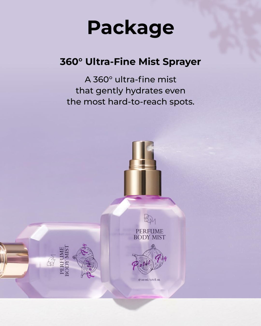 BOM Petit Fig Perfume Body Mist 3.71 Fl Oz, Fig Scented Fine Mist with Hyaluronic Acid, Niacinamide & Vitamin C, Hydrating, Lightweight Spray with Long-Lasting Fragrance, Korean Skincare