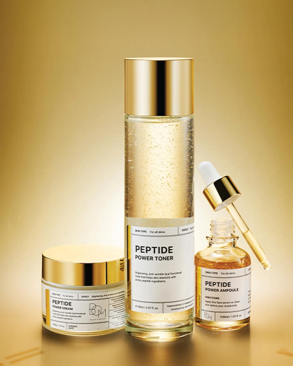 BOM Cosmetics A Set of Peptide Power Skincare with 3 Kinds of Items (Toner, Ampoule, Cream), 24K Gold & Pentapeptide for Skin Collagen Boost, Smoothness and Long-Lasting Moisture, Korean Skincare
